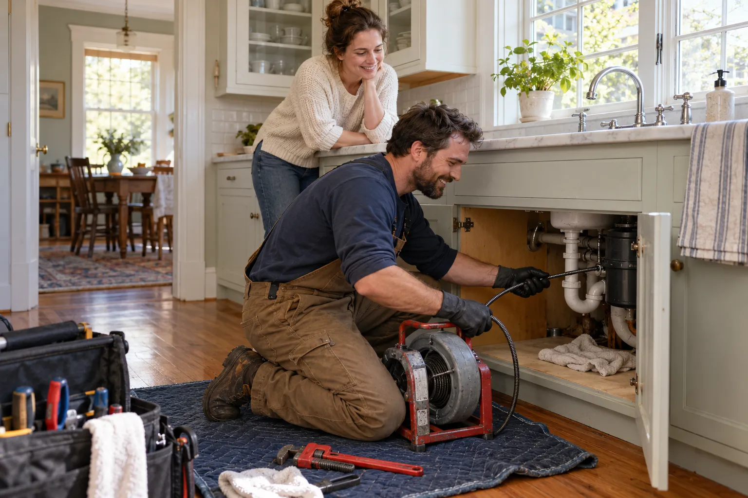 A friendly local plumber clearing a kitchen drain in a home in Lake Grove