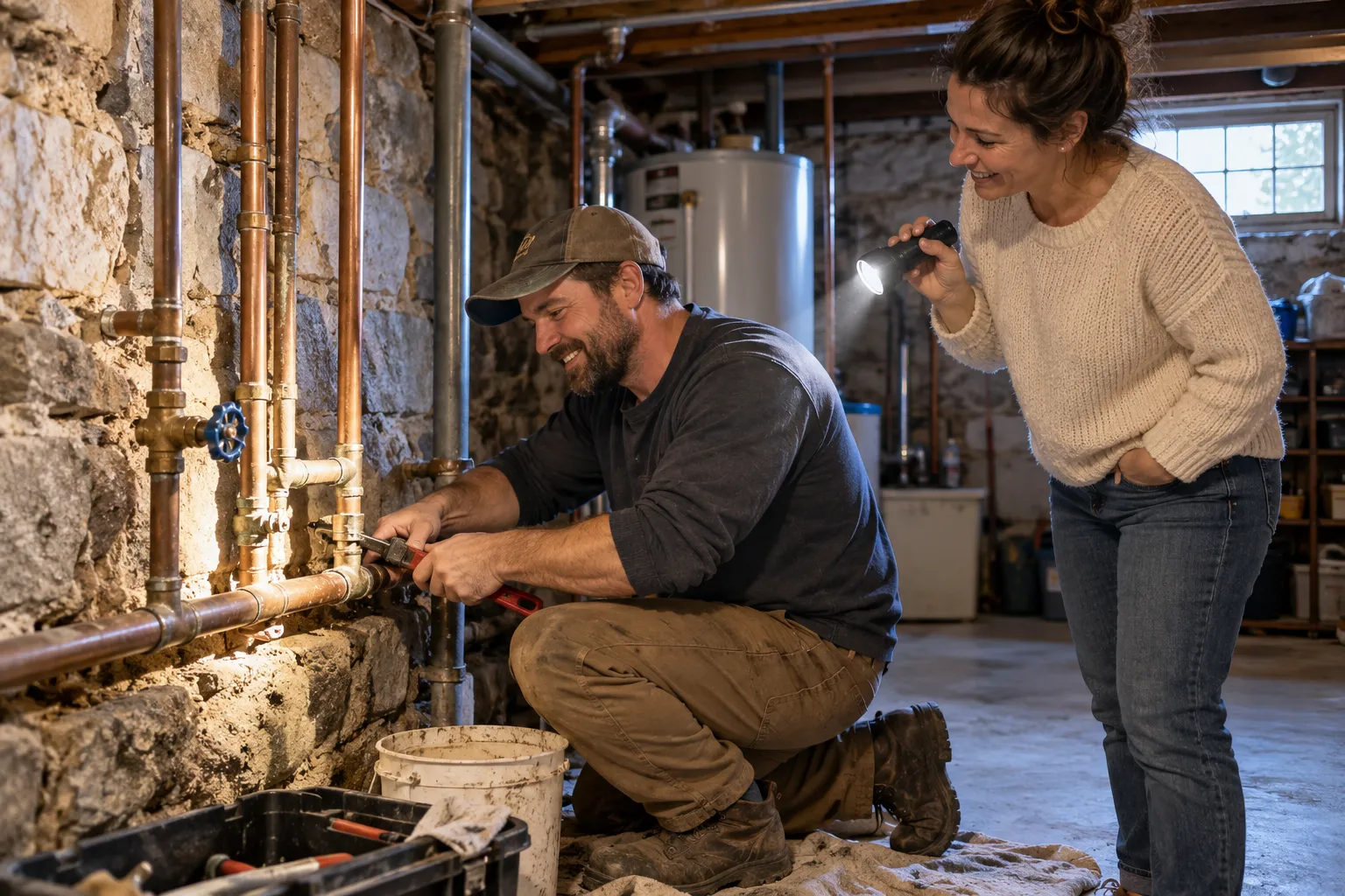 Friendly plumber checking a pipe under a kitchen sink for a homeowner in Lake Grove