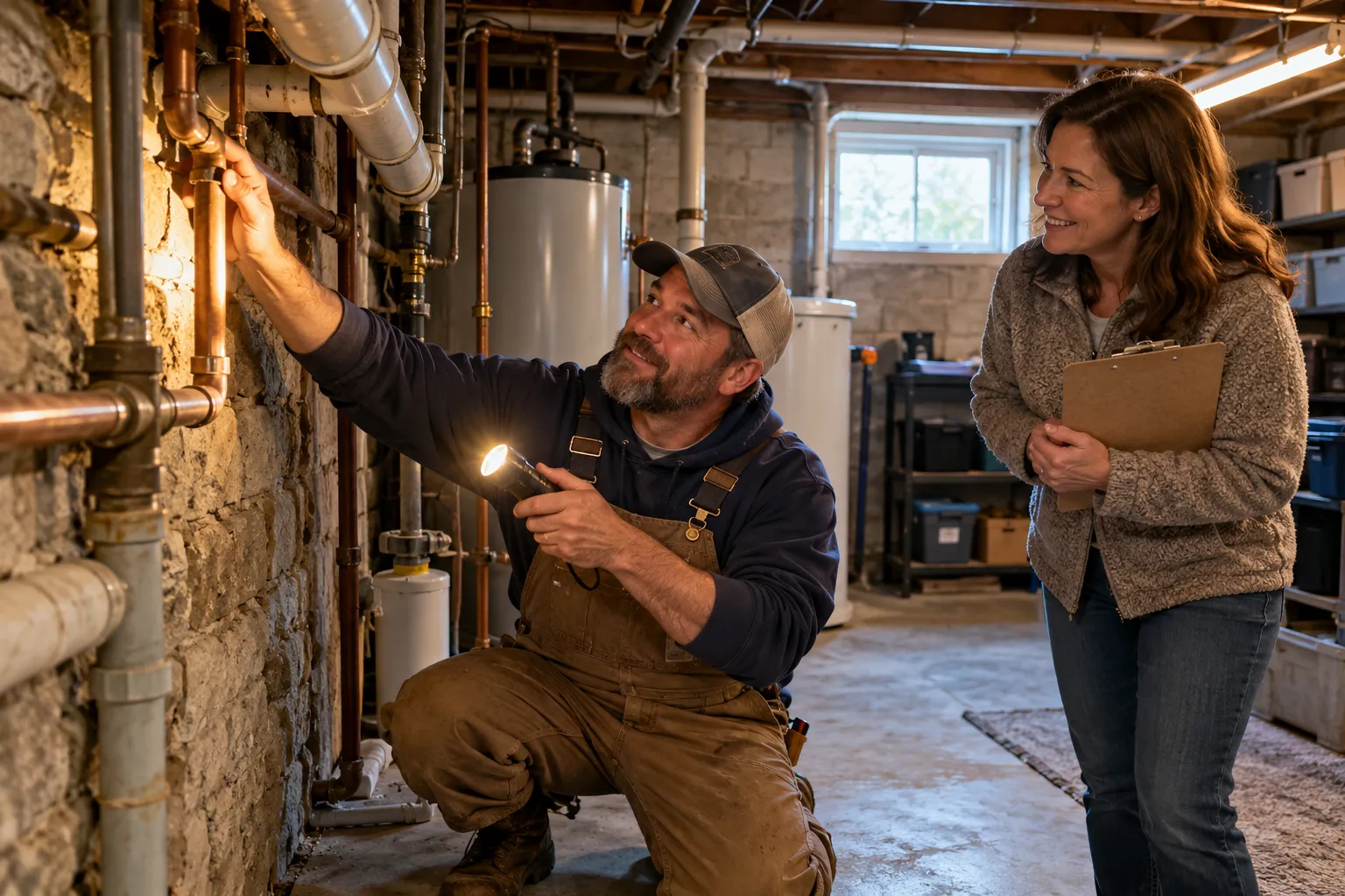 A provider checking a basement pipe in a the Lake Grove area home